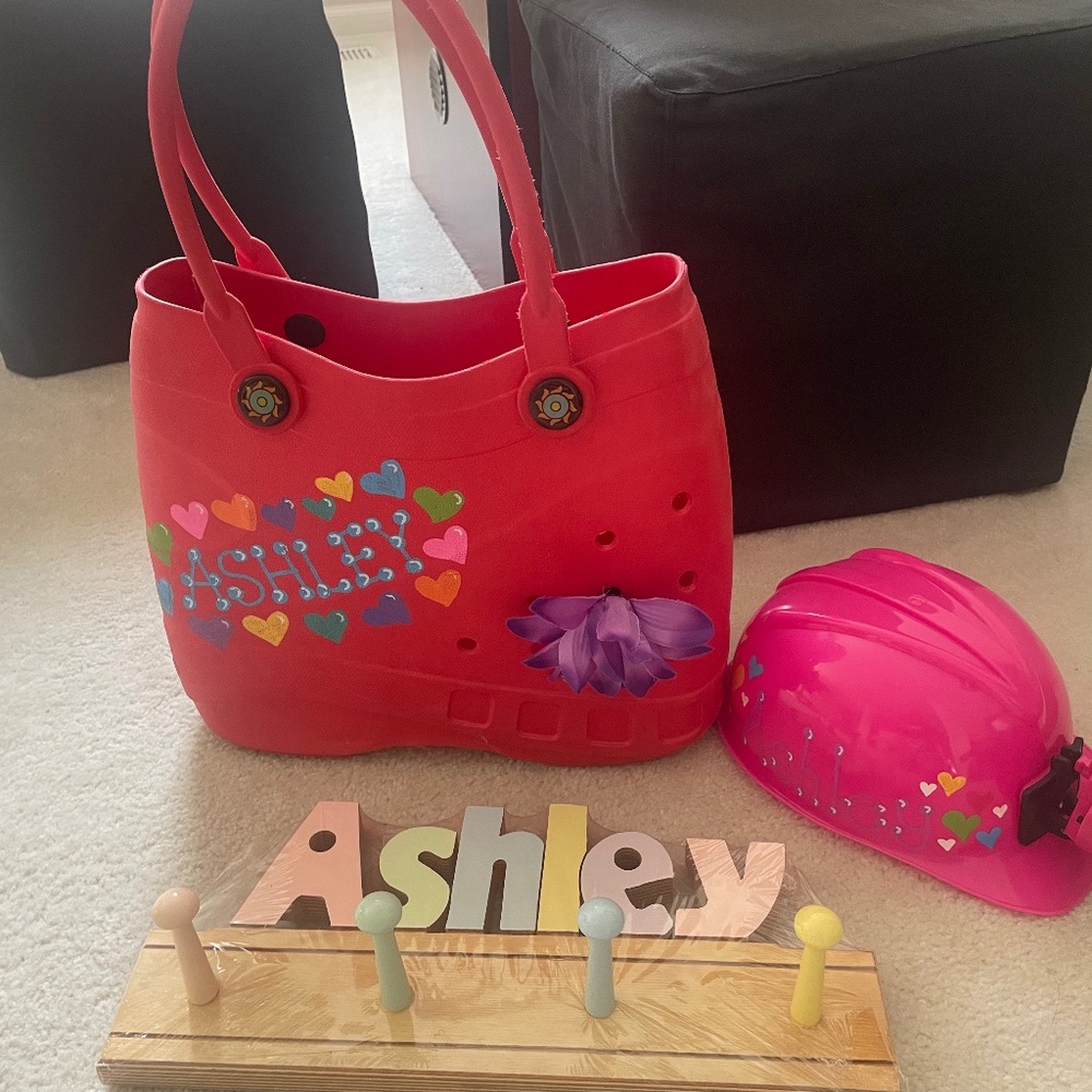 Ashley bag, coat hook and light up hard hat